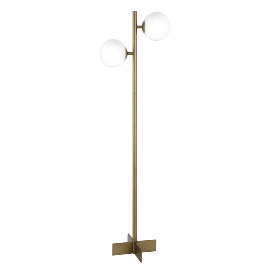 70" Brass Two Light Tree Floor Lamp With White Frosted Glass Globe Shade