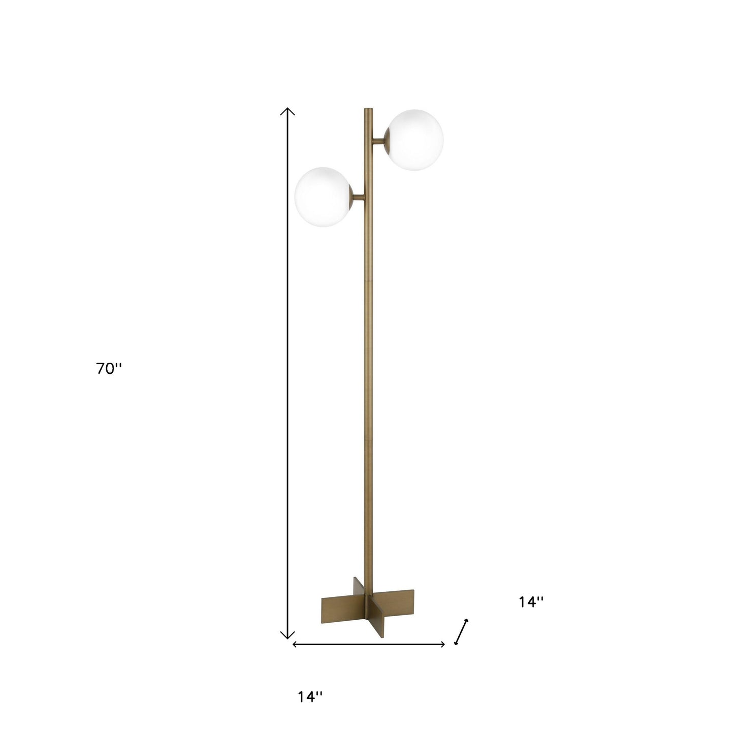 70" Brass Two Light Tree Floor Lamp With White Frosted Glass Globe Shade