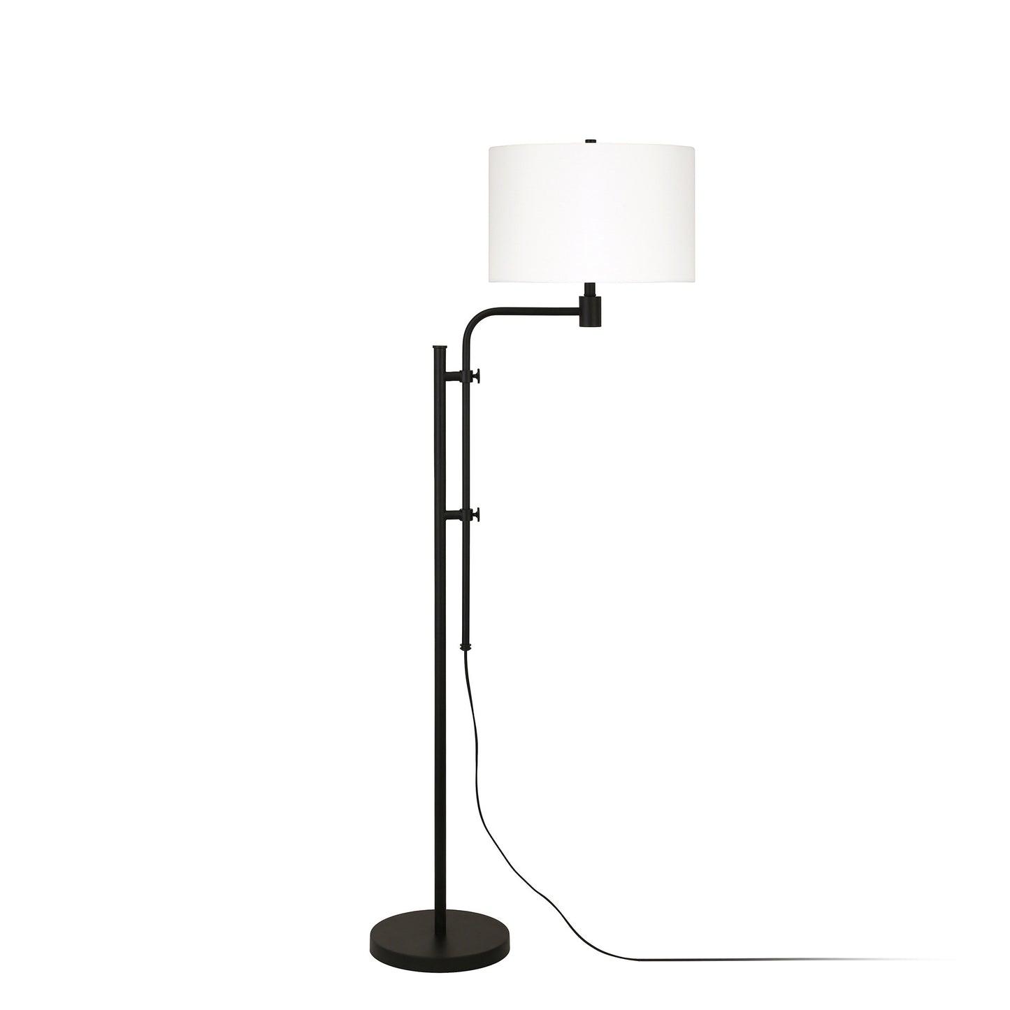 71" Black Adjustable Floor Lamp With White Frosted Glass Drum Shade