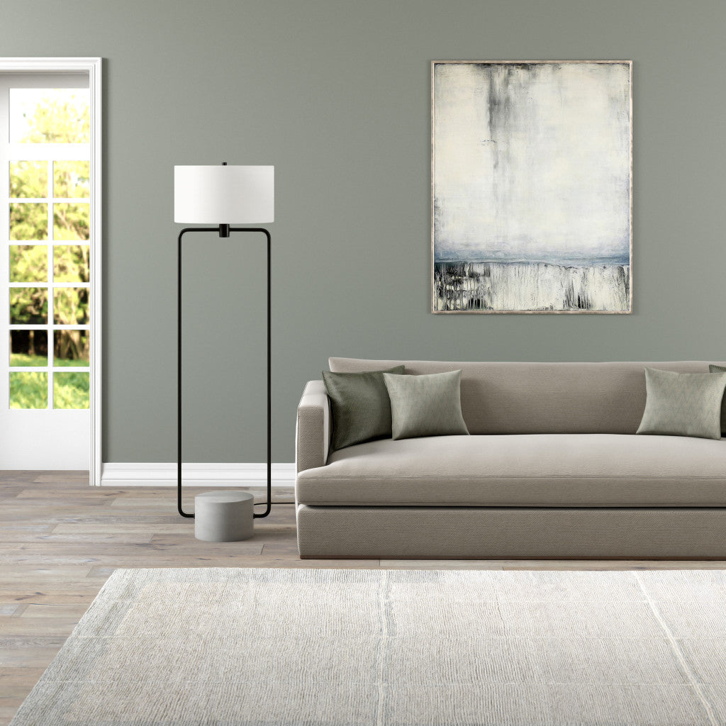 63" Black Column Floor Lamp With White Frosted Glass Drum Shade