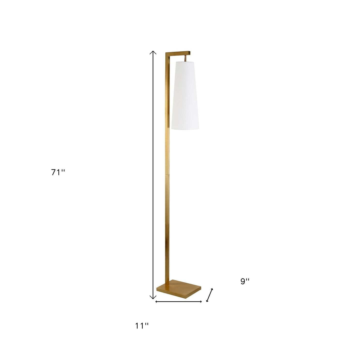 71" Brass Reading Floor Lamp With White Fabric Cone Shade