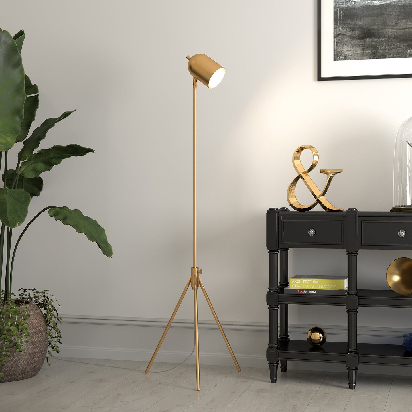 56" Brass Tripod Floor Lamp With Brass Dome Shade