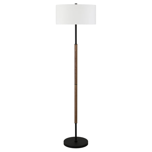 61" Black Two Light Floor Lamp With White Frosted Glass Drum Shade