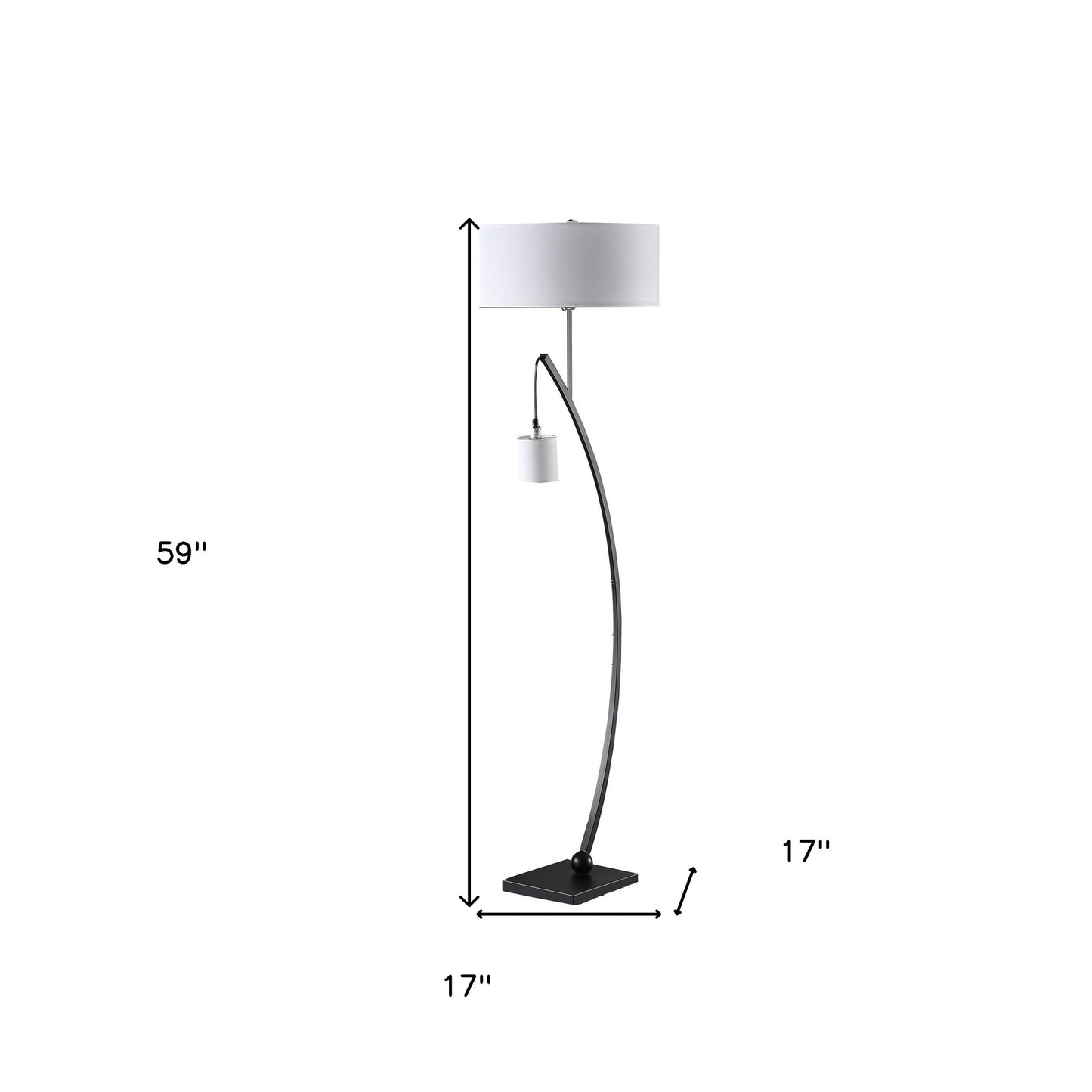 59" Matte Black Dual Arc Floor Lamp With White Drum Shade