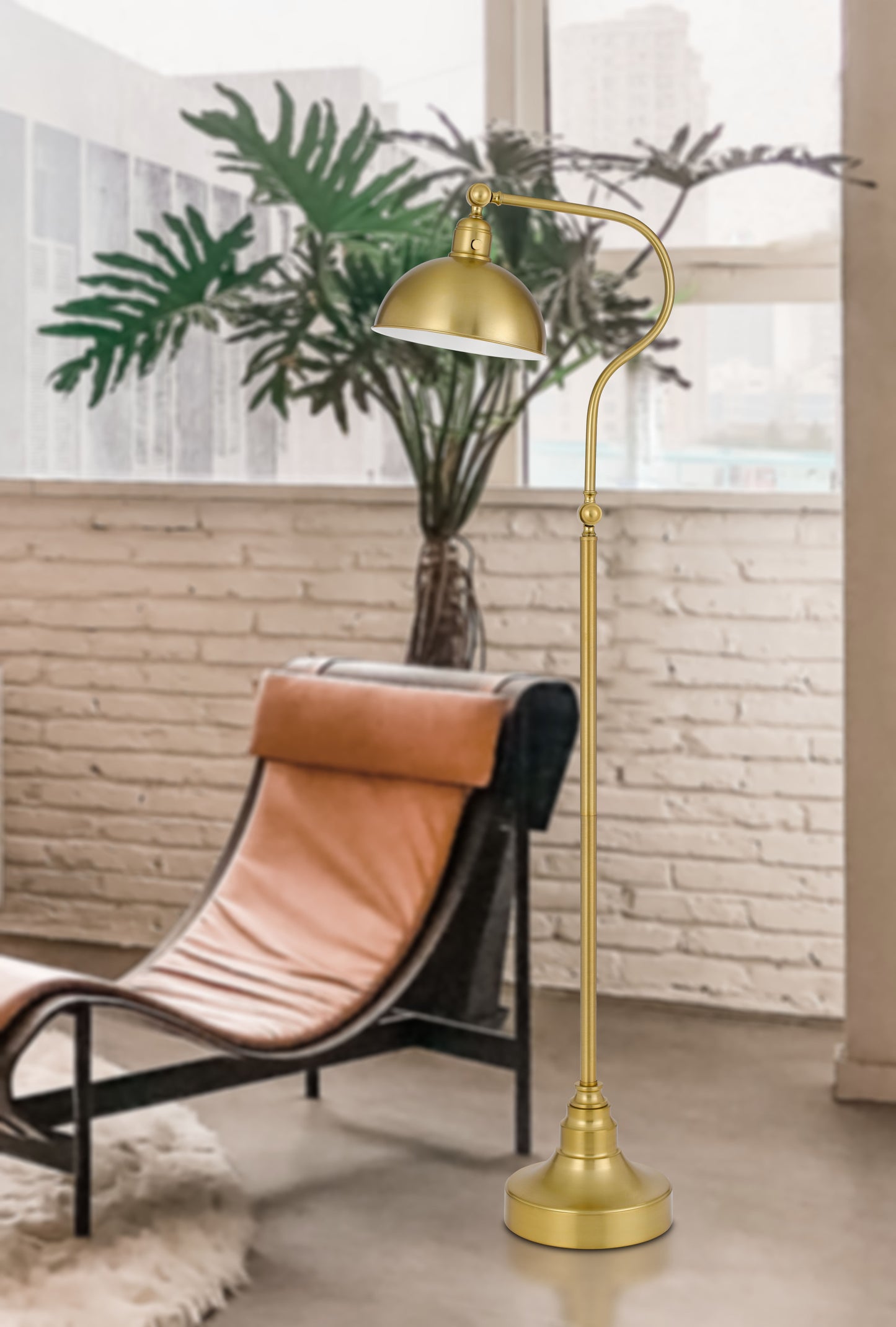 60" Brass Traditional Shaped Floor Lamp With Antiqued Brass Dome Shade