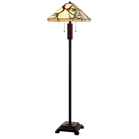 60" Bronze Two Light Traditional Shaped Floor Lamp With Green and Ivory Floral Tiffany Glass Square Shade