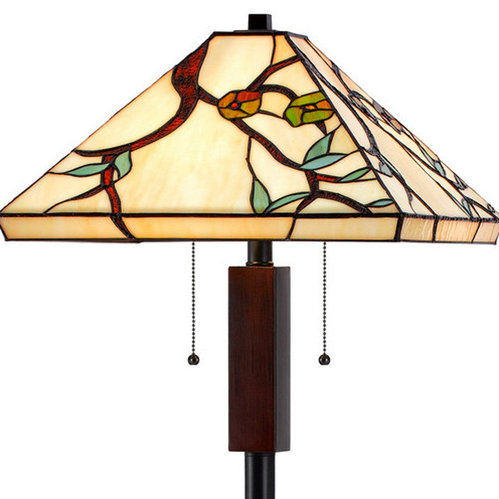 60" Bronze Two Light Traditional Shaped Floor Lamp With Green and Ivory Floral Tiffany Glass Square Shade