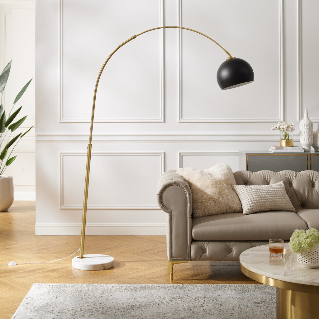 76" Brass Arched Floor Lamp With Black Dome Shade