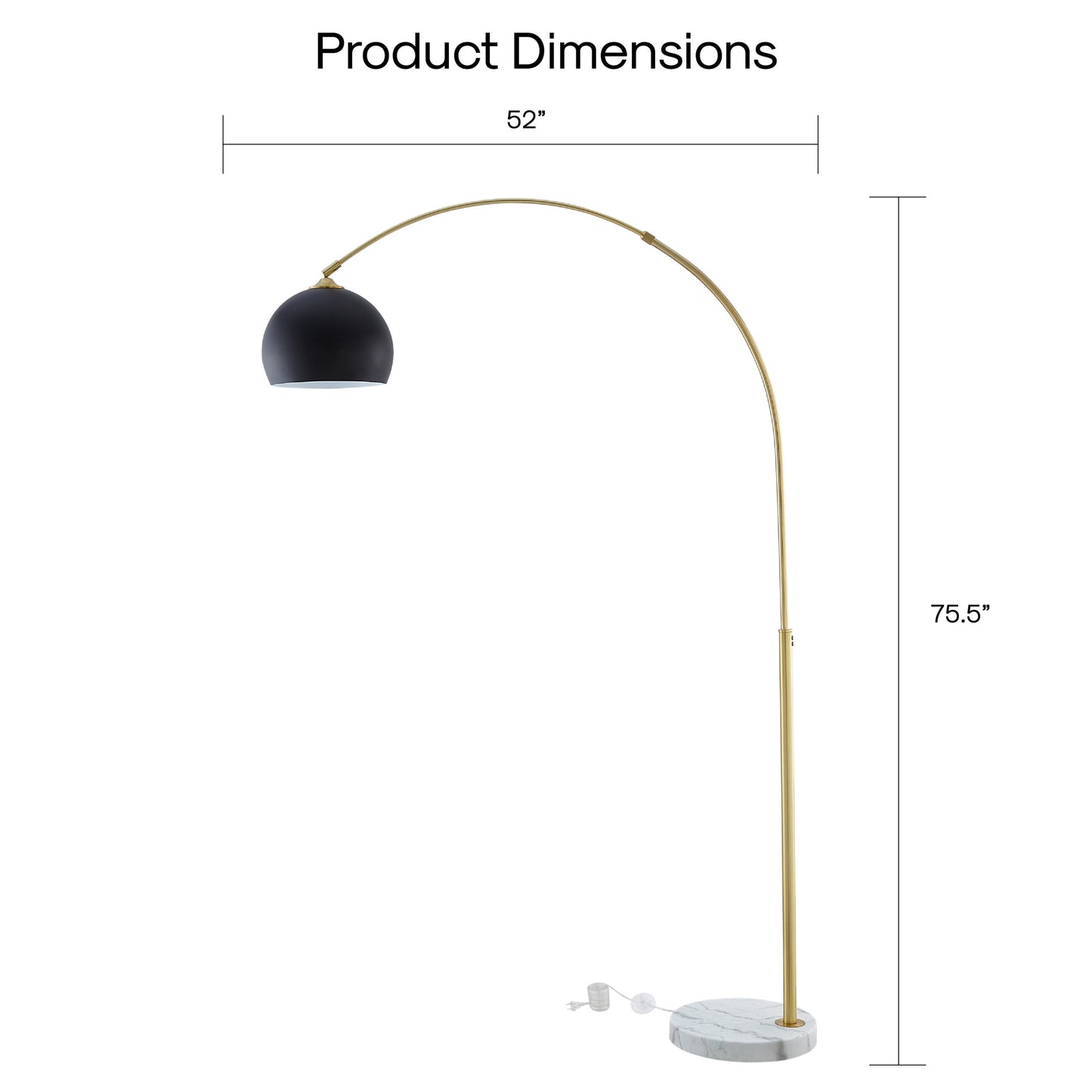 76" Brass Arched Floor Lamp With Black Dome Shade