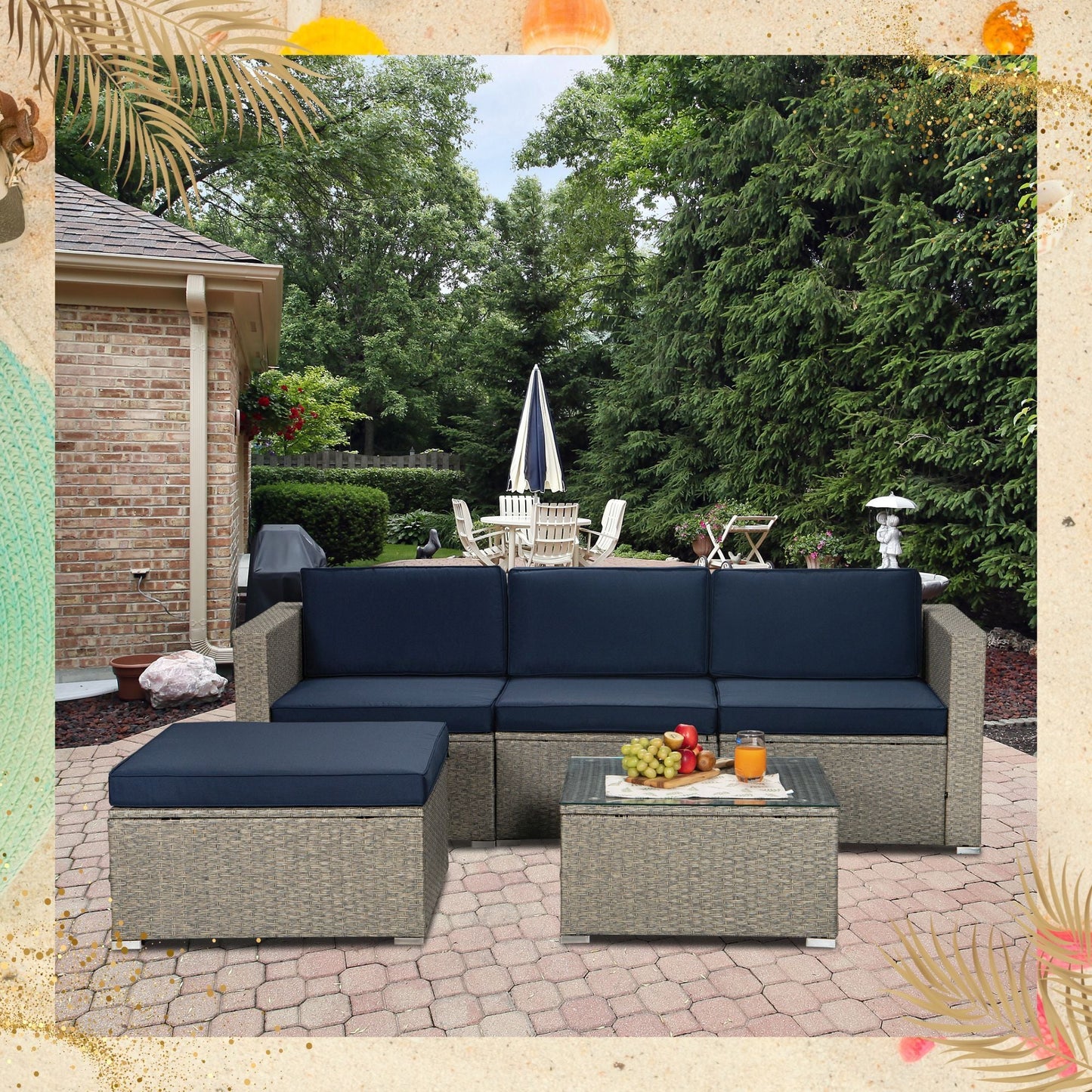 5-Piece Gray Mix Yellow Rattan Wicker Patio Sofa Set (Navy Cushions)-0