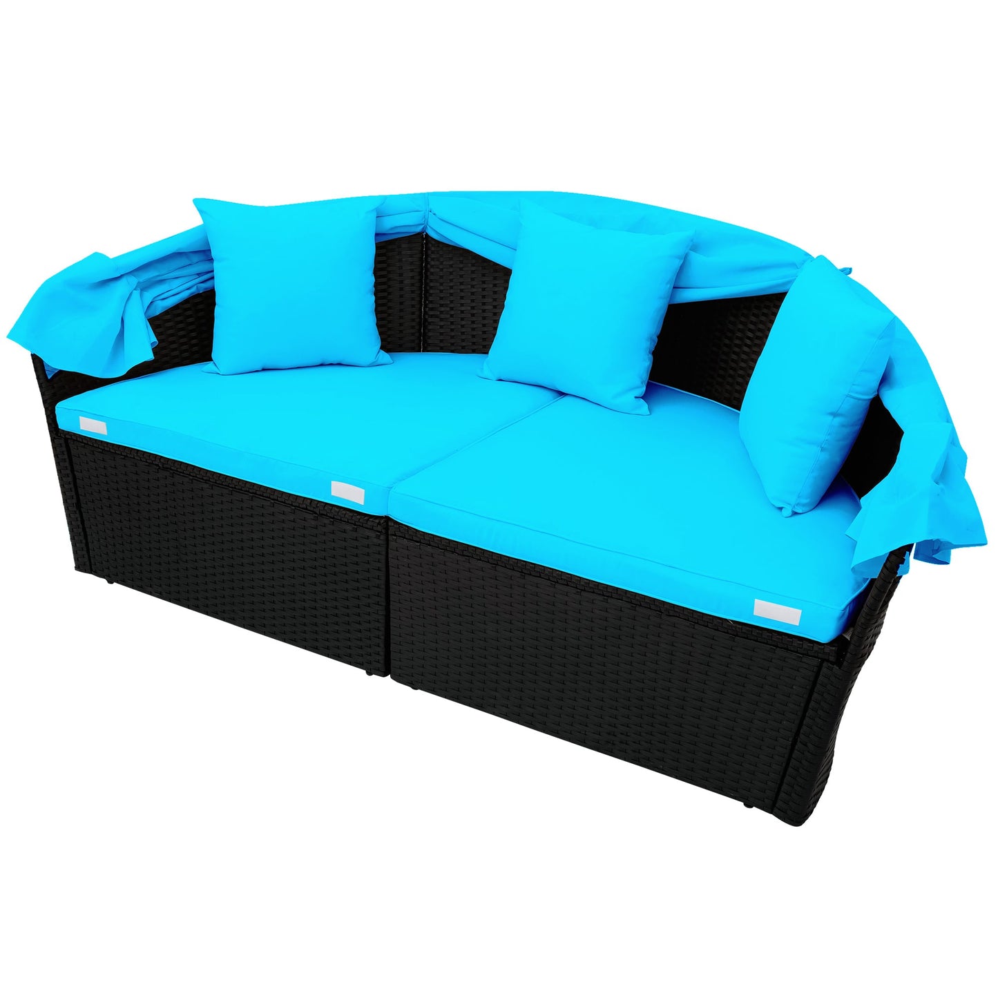 TOPMAX Outdoor Rattan Daybed Sunbed with Canopy, Round Sectional Sofa Set (Blue)-17
