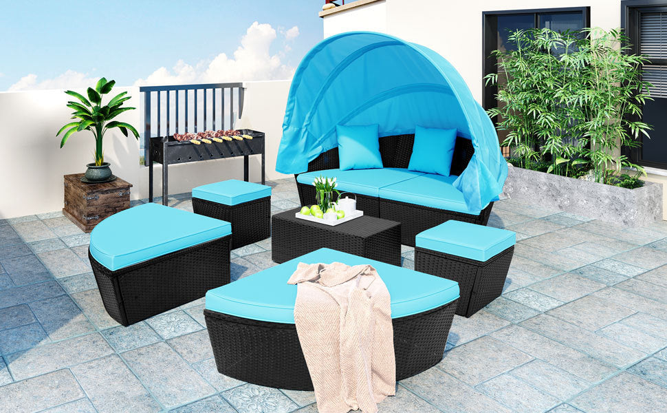 TOPMAX Outdoor Rattan Daybed Sunbed with Canopy, Round Sectional Sofa Set (Blue)-2