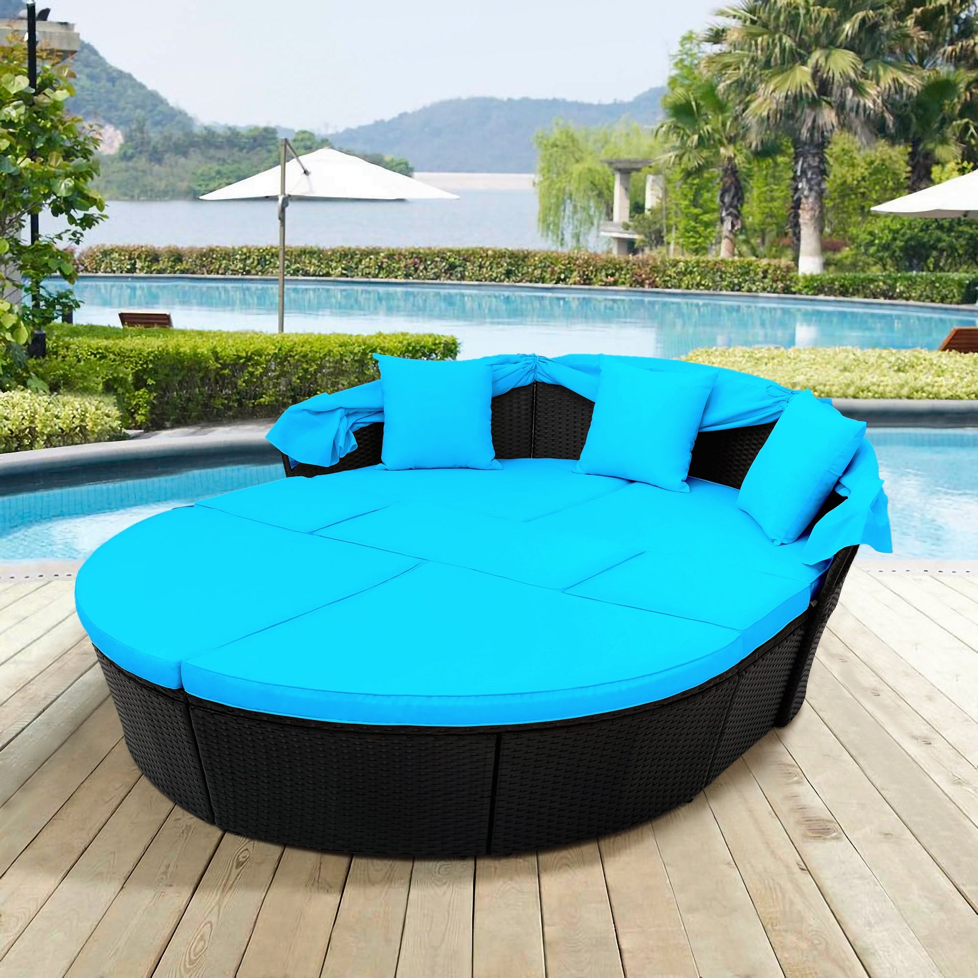 TOPMAX Outdoor Rattan Daybed Sunbed with Canopy, Round Sectional Sofa Set (Blue)-10