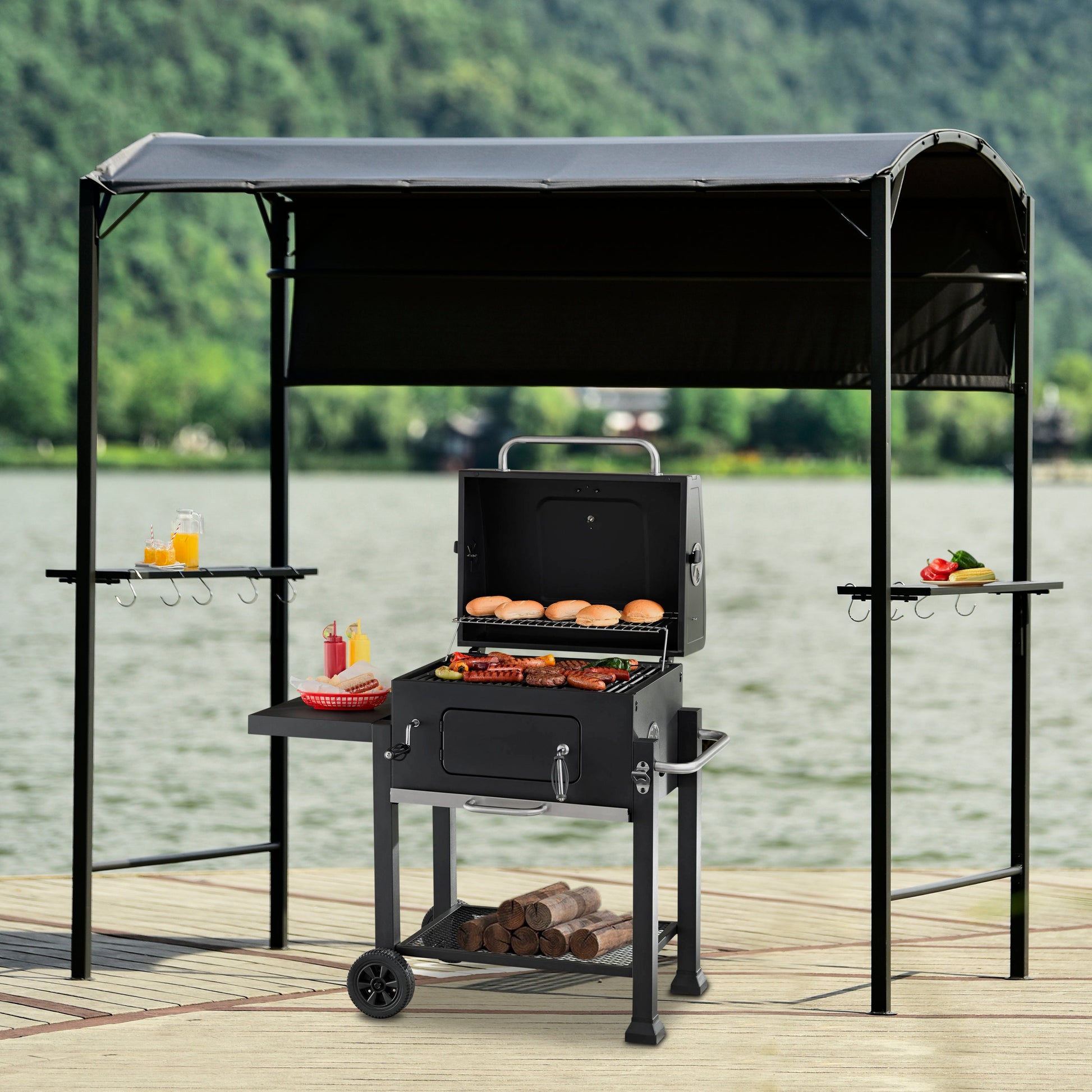 TOPMAX Iron Double Tiered BBQ Grill Gazebo (Gray)-0