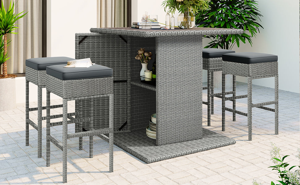 TOPMAX 5-Piece Rattan Dining Table Set with Storage Shelf (Gray)-19