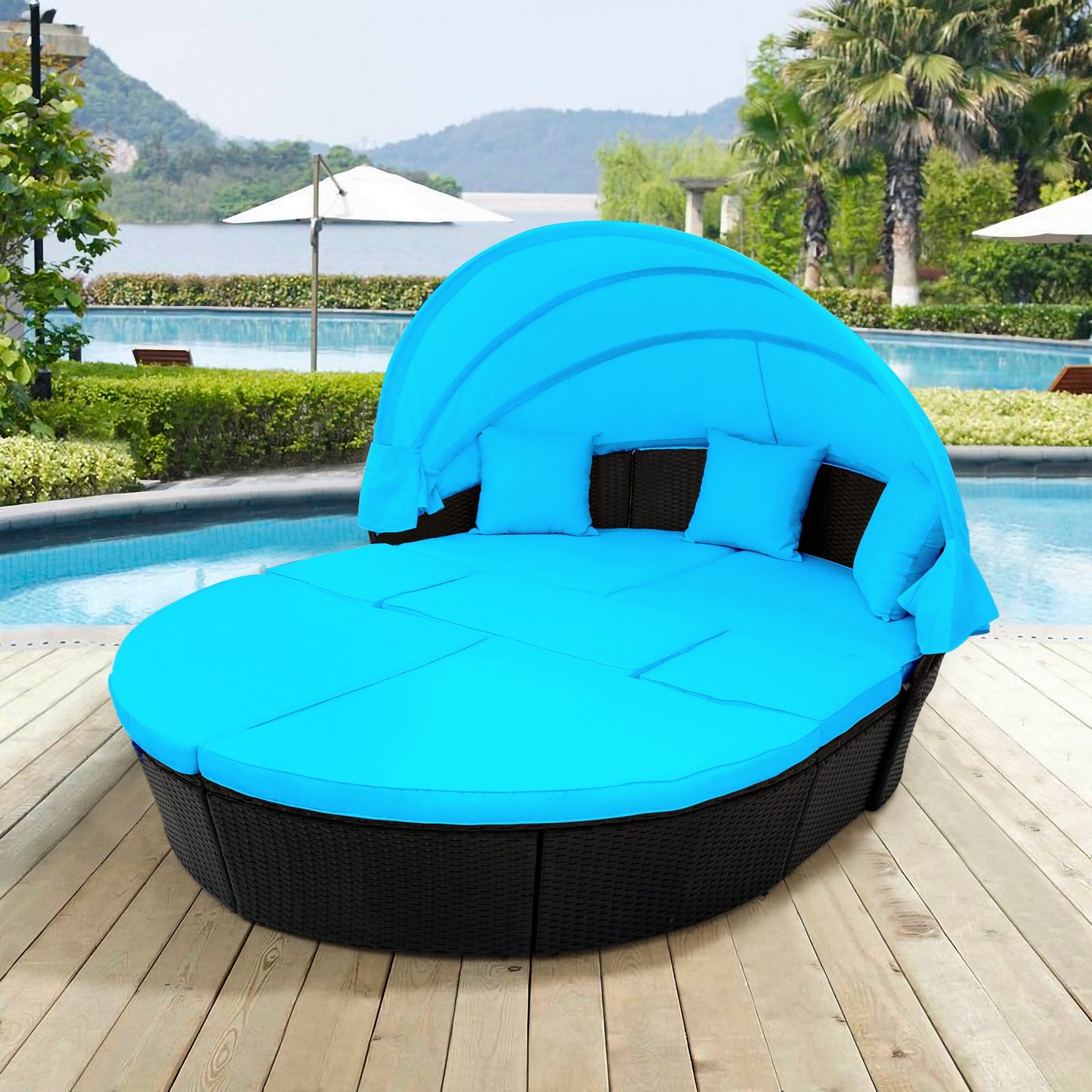 TOPMAX Outdoor Rattan Daybed Sunbed with Canopy, Round Sectional Sofa Set (Blue)-6