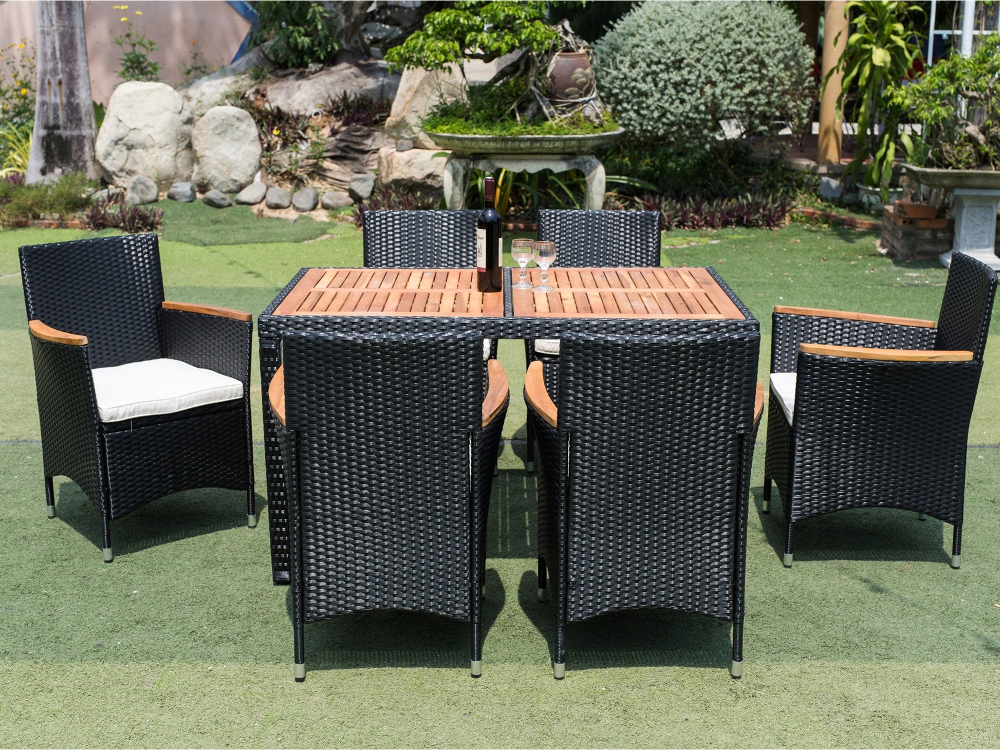 EELIFEE 7-Piece Patio Wicker Dining Set with Acacia Wood Top-14