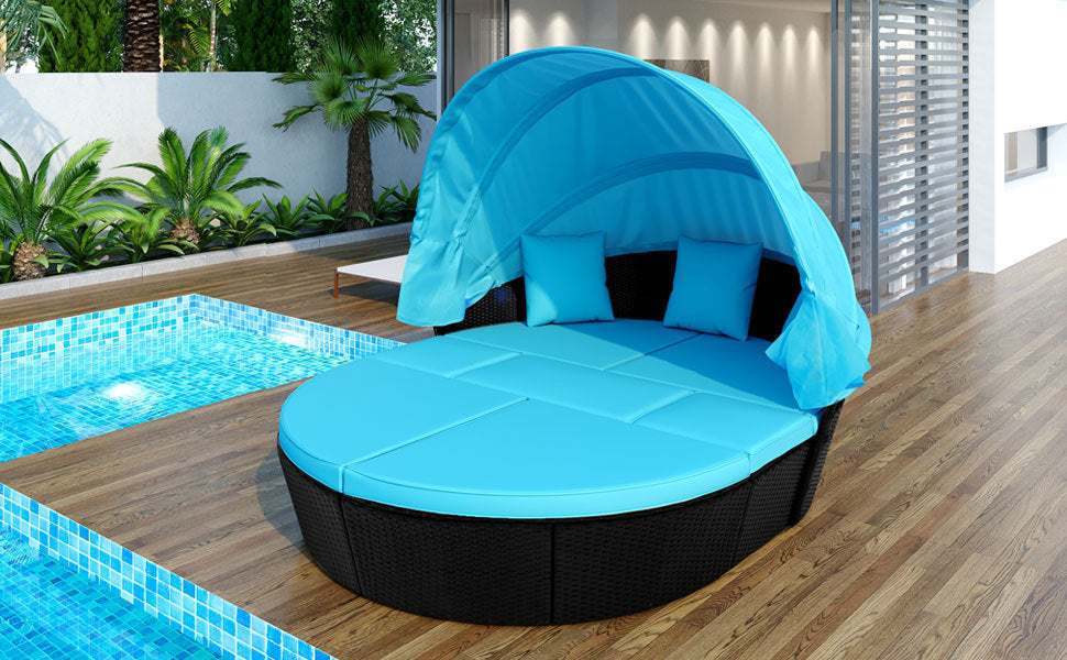 TOPMAX Outdoor Rattan Daybed Sunbed with Canopy, Round Sectional Sofa Set (Blue)-3