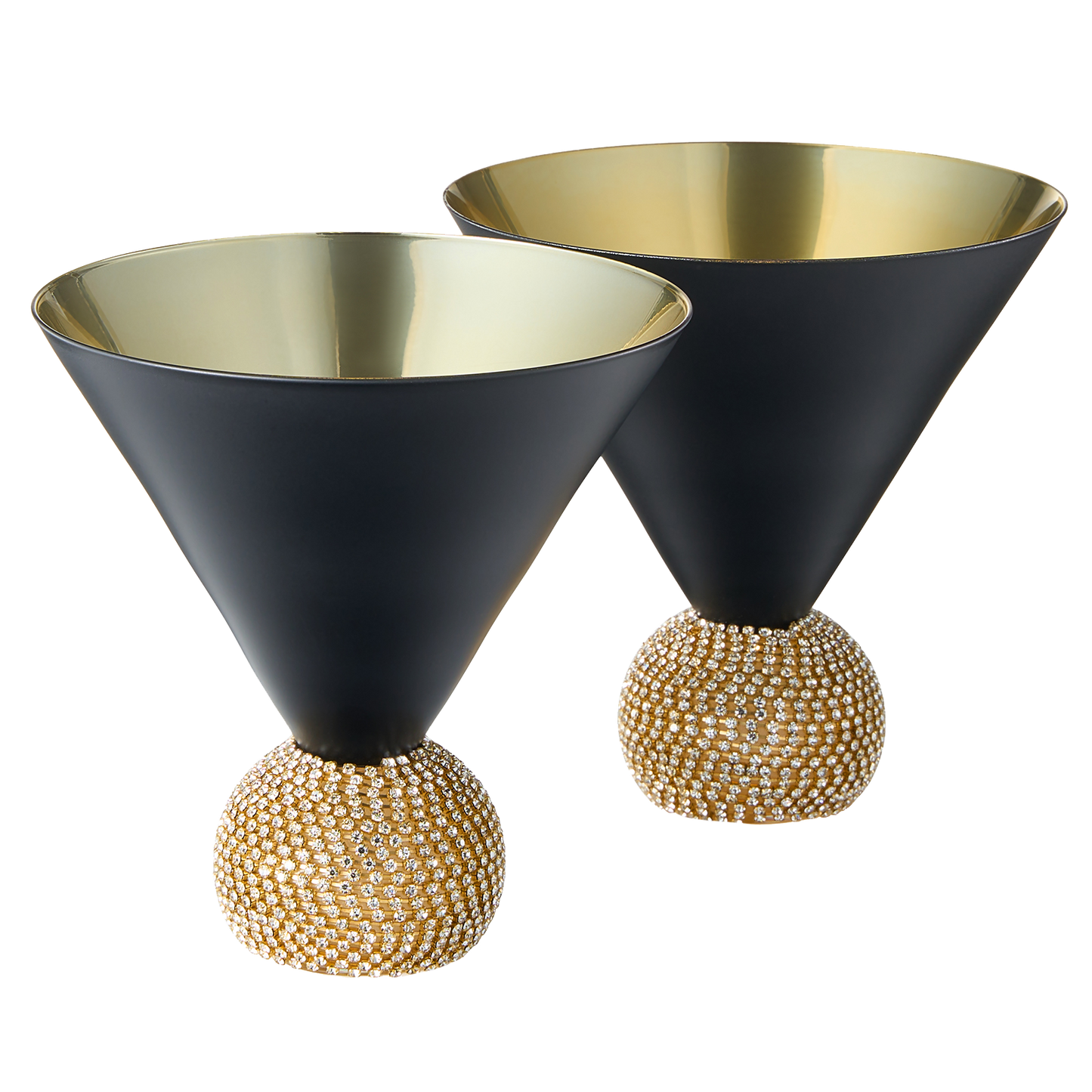 The Wine Savant Diamond Studded Martini Glasses Set of 2 Black & Gold Rimmed Modern Cocktail Glass, Rhinestone With Stemless Crystal Ball Base, Bar or Party 10.5oz, Swarovski Style Crystals-0