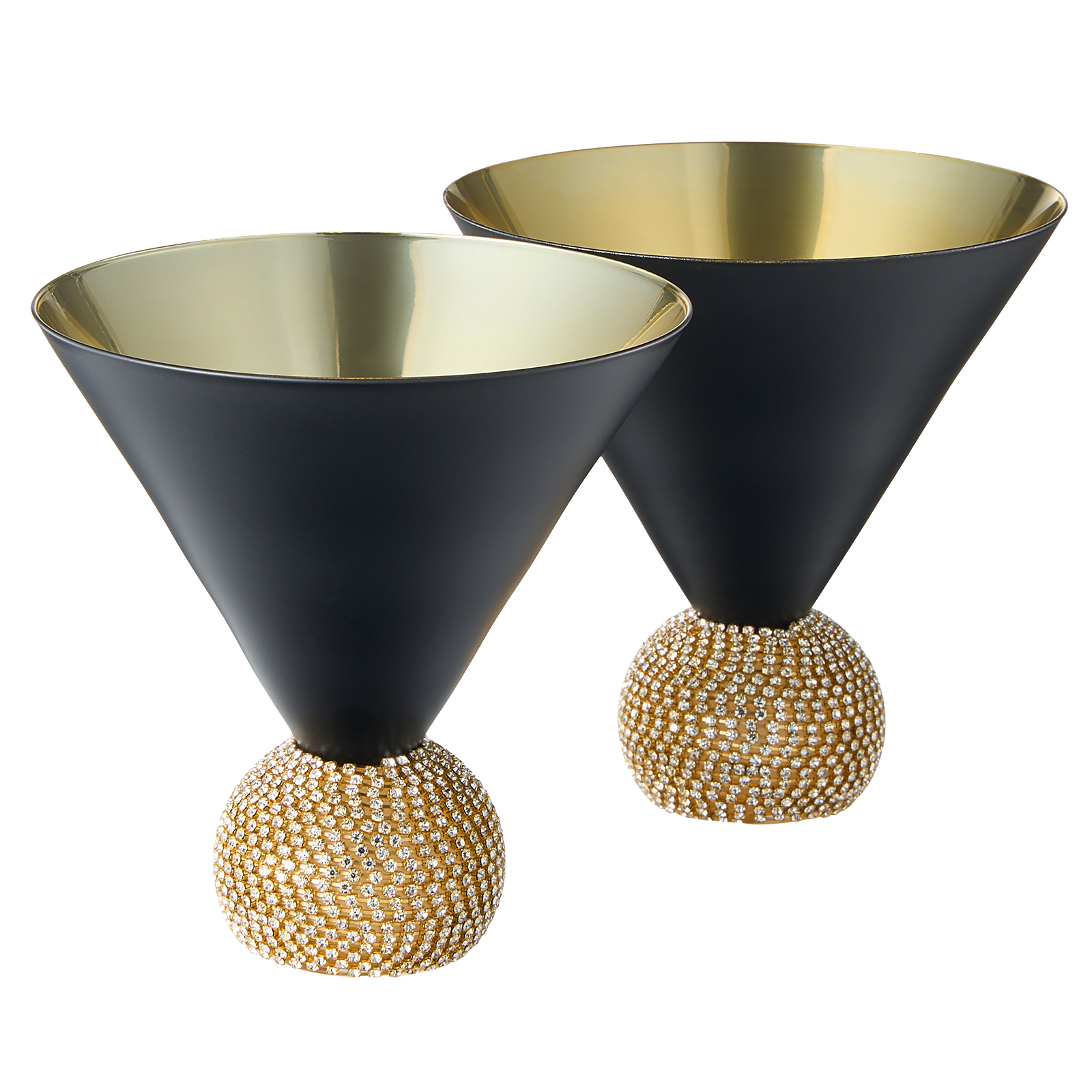 The Wine Savant Diamond Studded Martini Glasses Set of 2 Black & Gold Rimmed Modern Cocktail Glass, Rhinestone With Stemless Crystal Ball Base, Bar or Party 10.5oz, Swarovski Style Crystals-0