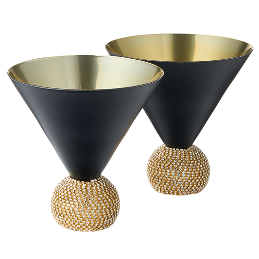 The Wine Savant Diamond Studded Martini Glasses Set of 2 Black & Gold Rimmed Modern Cocktail Glass, Rhinestone With Stemless Crystal Ball Base, Bar or Party 10.5oz, Swarovski Style Crystals-0