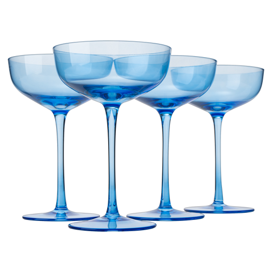 The Wine Savant Colored Coupe Glass | 7oz | Set of 4 Colorful Champagne & Cocktail Glasses, Fancy Manhattan, Crystal Martini, Cocktails Set, Margarita Bar Glassware Gift, Vintage (Blue)-0