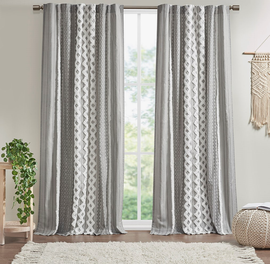 Cortina de ventana de chenilla con estampado geométrico, gris