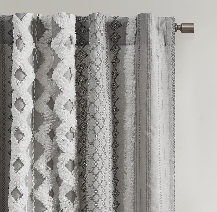 Cortina de ventana de chenilla con estampado geométrico, gris