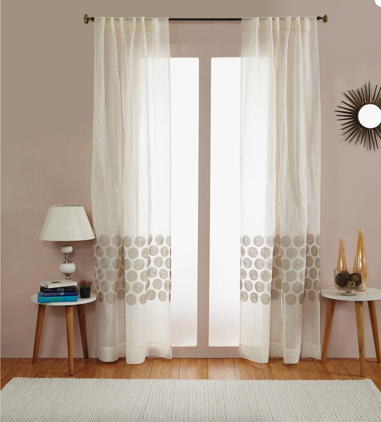 Jute Swirls Linen Embroidery Curtain, Ivory