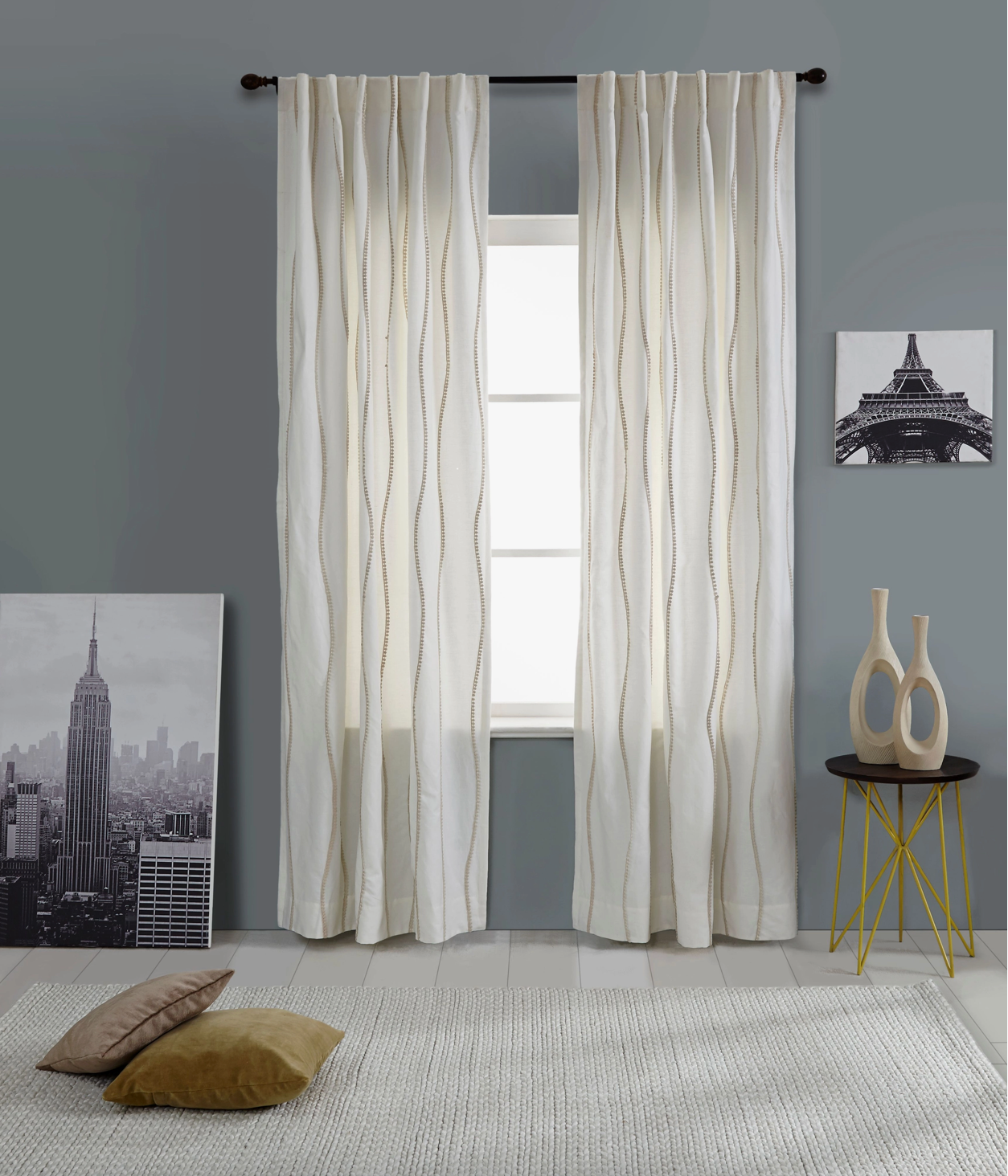 Pompom Lace Linen Curtain, Ivory