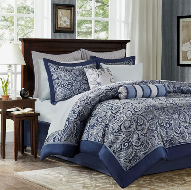 Paisley 12-Piece Complete Comforter Set and Sheet Set, Blue