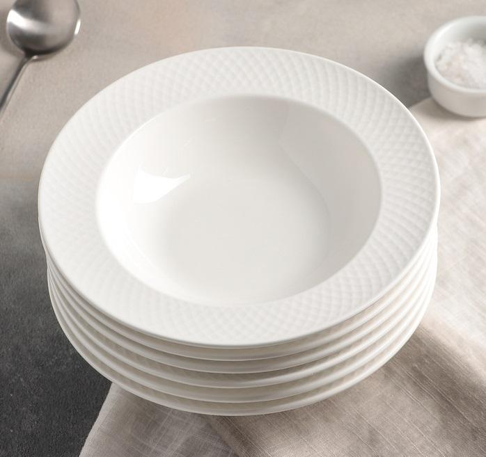 White Porcelain Deep Plate With Embossed Wide Rim 9" inch | Set Of 6 In Gift Box-1