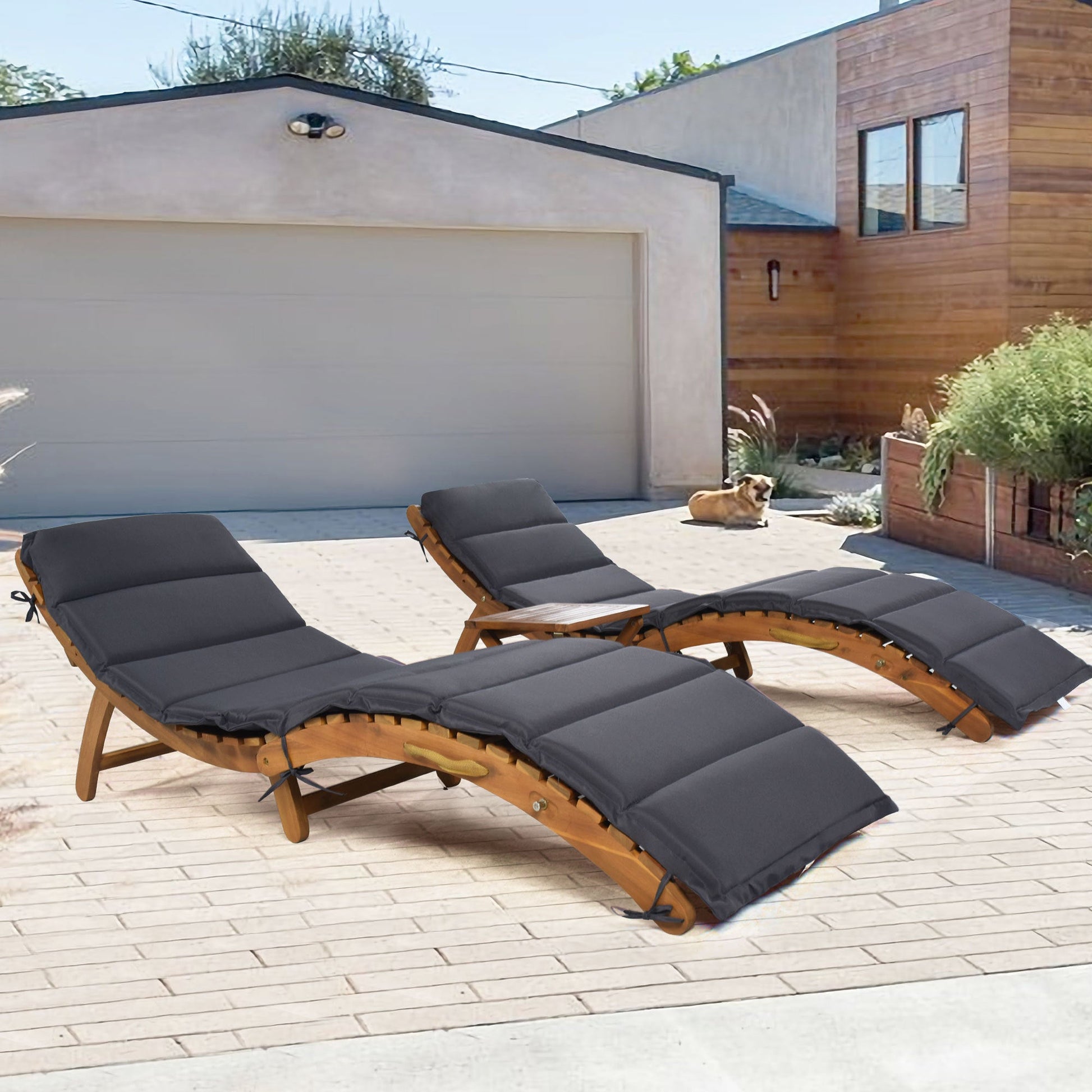 TOPMAX Outdoor Patio Wood Portable Extended Chaise Lounge Set with Foldable Tea Table for Balcony, Poolside, Garden, Brown Finish+Dark Gray Cushion-1