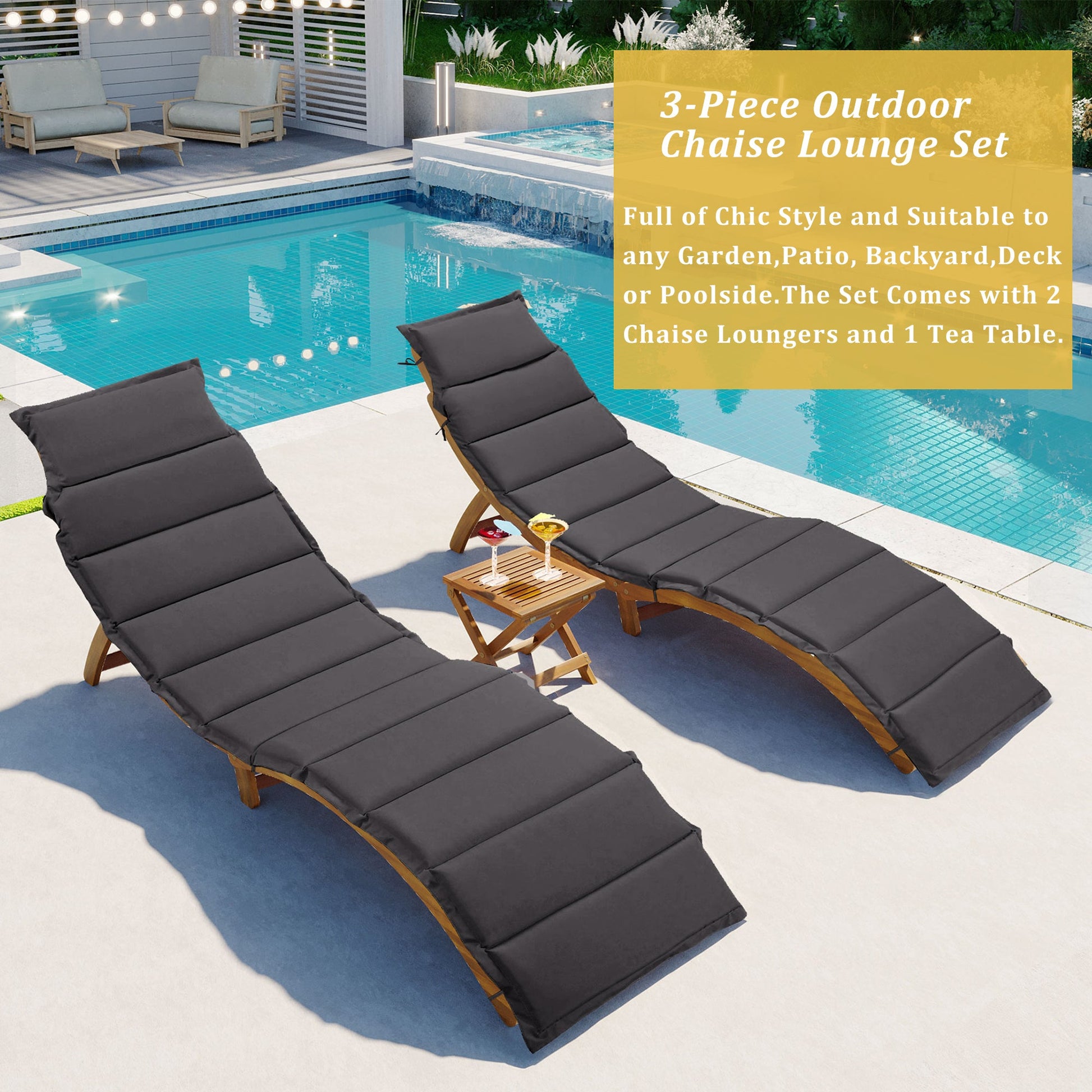 TOPMAX Outdoor Patio Wood Portable Extended Chaise Lounge Set with Foldable Tea Table for Balcony, Poolside, Garden, Brown Finish+Dark Gray Cushion-5