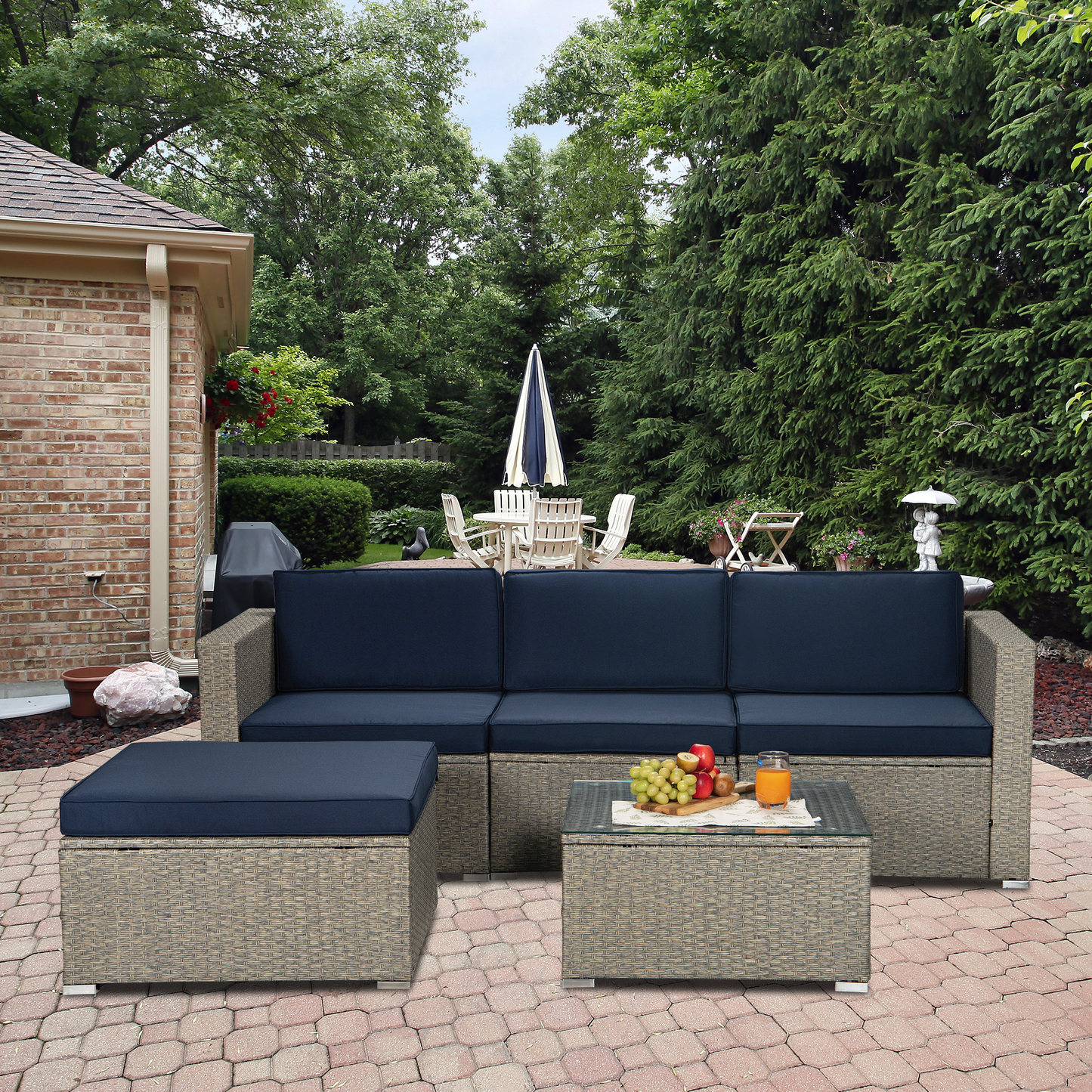 5-Piece Gray Mix Yellow Rattan Wicker Patio Sofa Set (Navy Cushions)-24