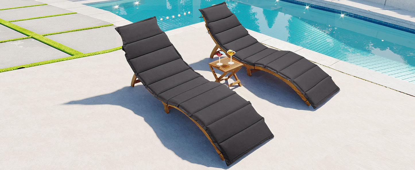 TOPMAX Outdoor Patio Wood Portable Extended Chaise Lounge Set with Foldable Tea Table for Balcony, Poolside, Garden, Brown Finish+Dark Gray Cushion-24