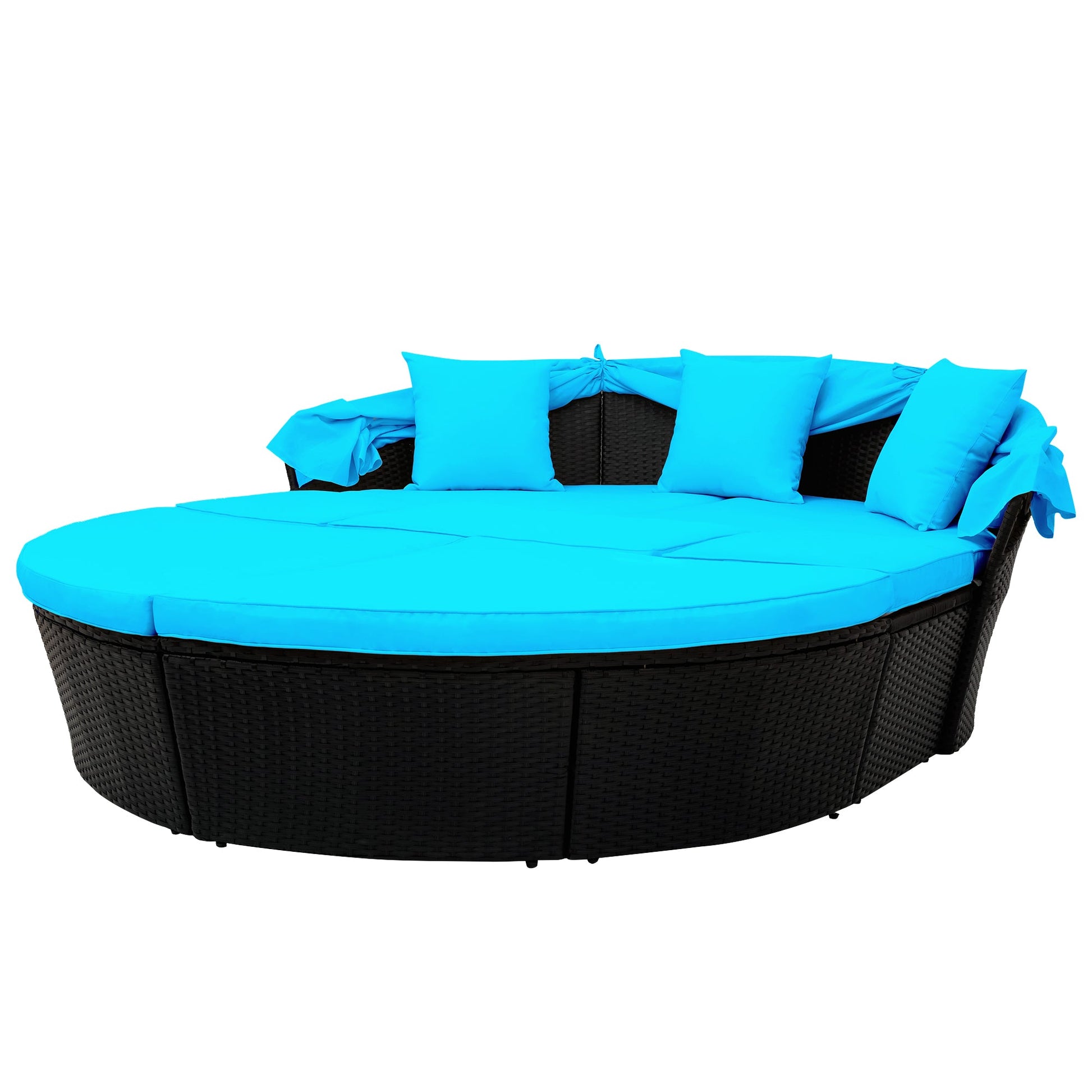 TOPMAX Outdoor Rattan Daybed Sunbed with Canopy, Round Sectional Sofa Set (Blue)-12