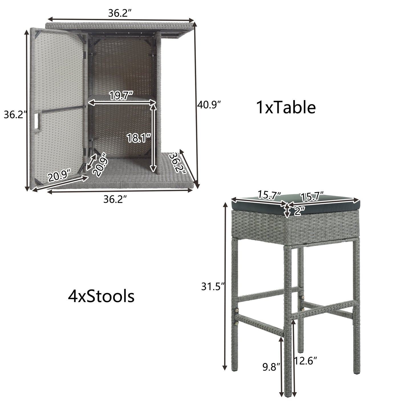 TOPMAX 5-Piece Rattan Dining Table Set with Storage Shelf (Gray)-18