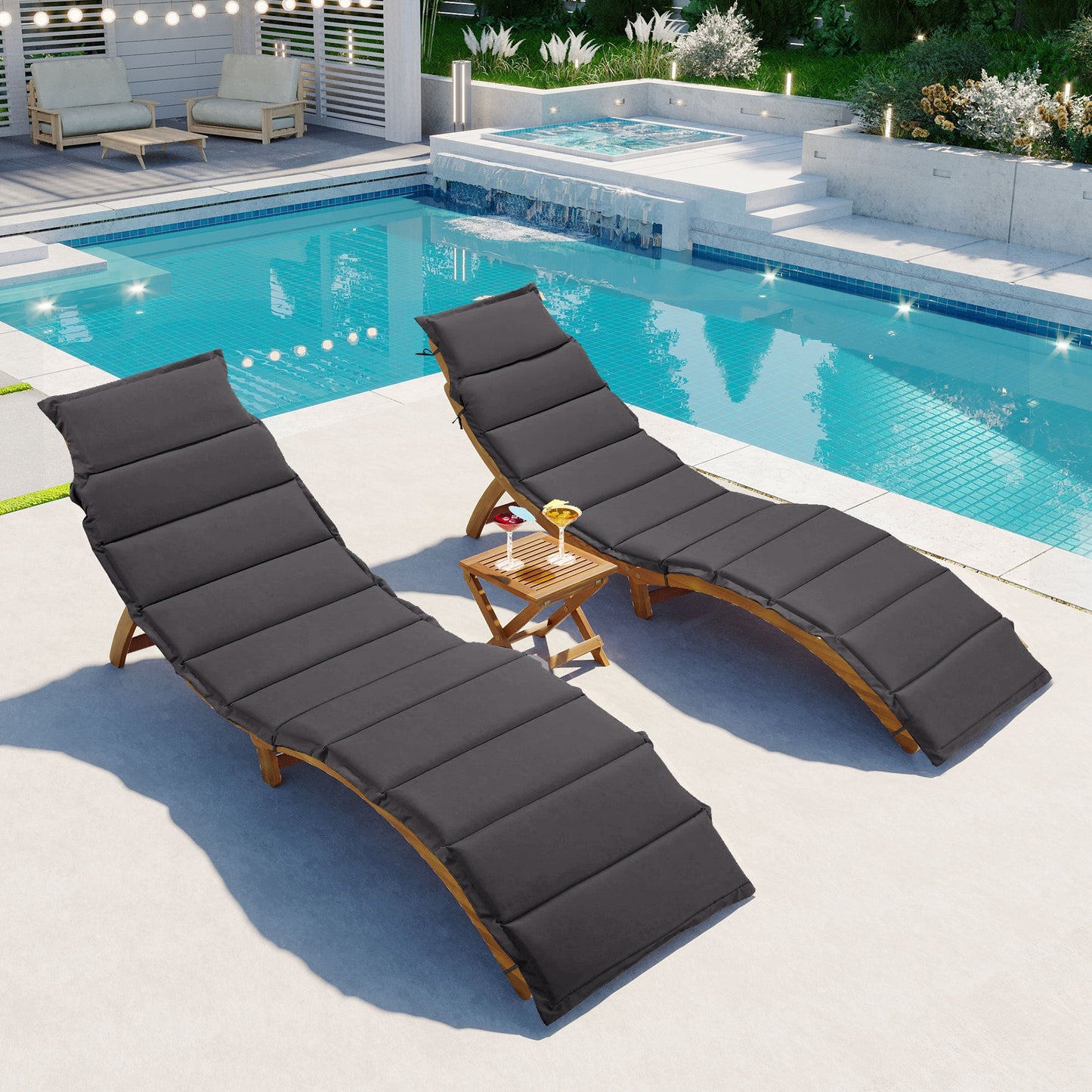 TOPMAX Outdoor Patio Wood Portable Extended Chaise Lounge Set with Foldable Tea Table for Balcony, Poolside, Garden, Brown Finish+Dark Gray Cushion-25