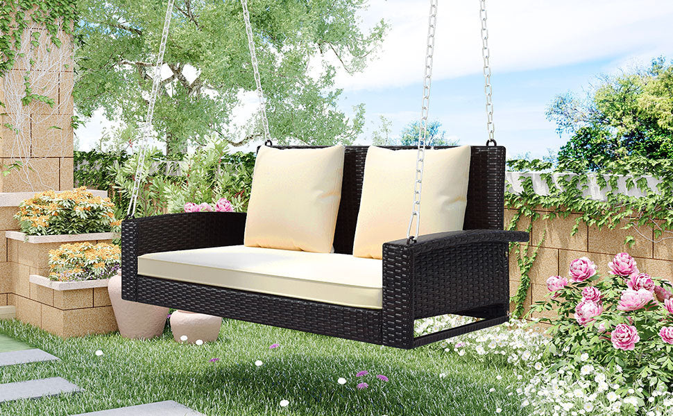 GO 2-Person Wicker Hanging Porch Swing with Chains, Cushion, Pillow, Rattan Swing Bench for Garden, Backyard, Pond. (Brown Wicker, Beige Cushion)-8