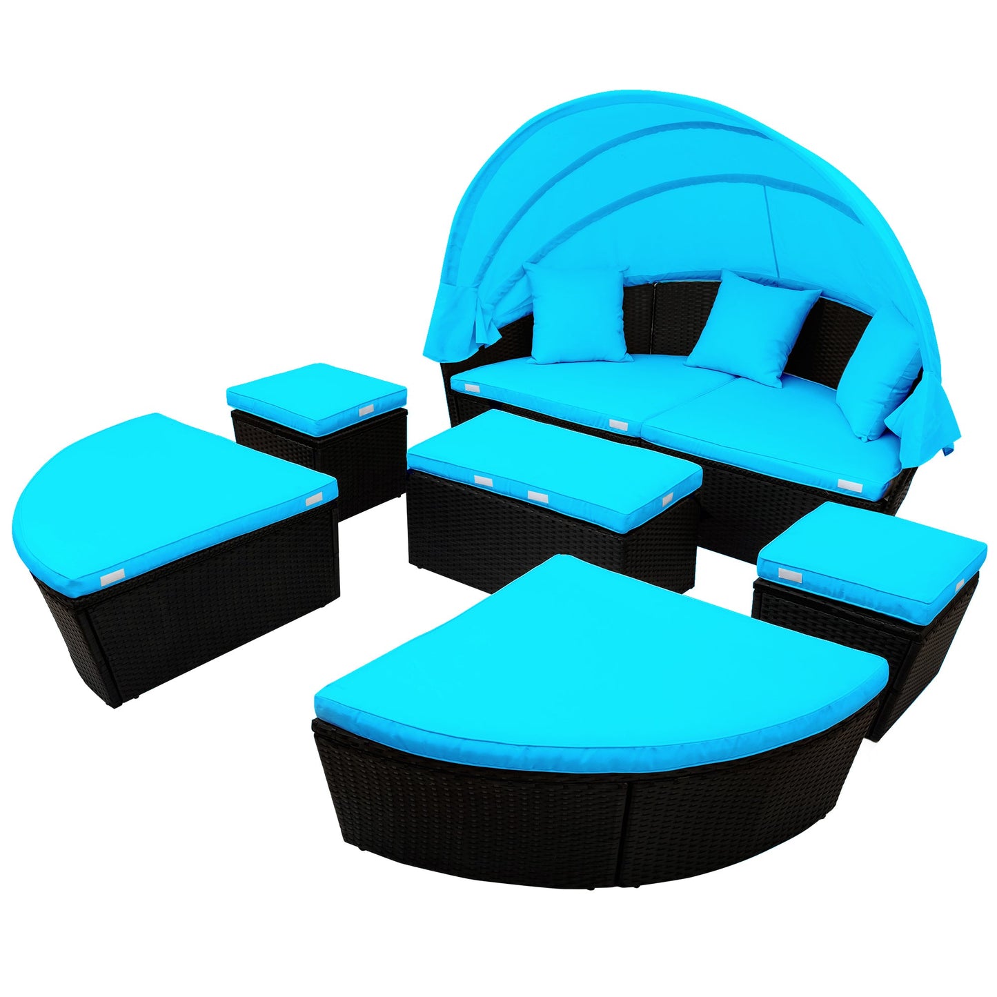 TOPMAX Outdoor Rattan Daybed Sunbed with Canopy, Round Sectional Sofa Set (Blue)-9