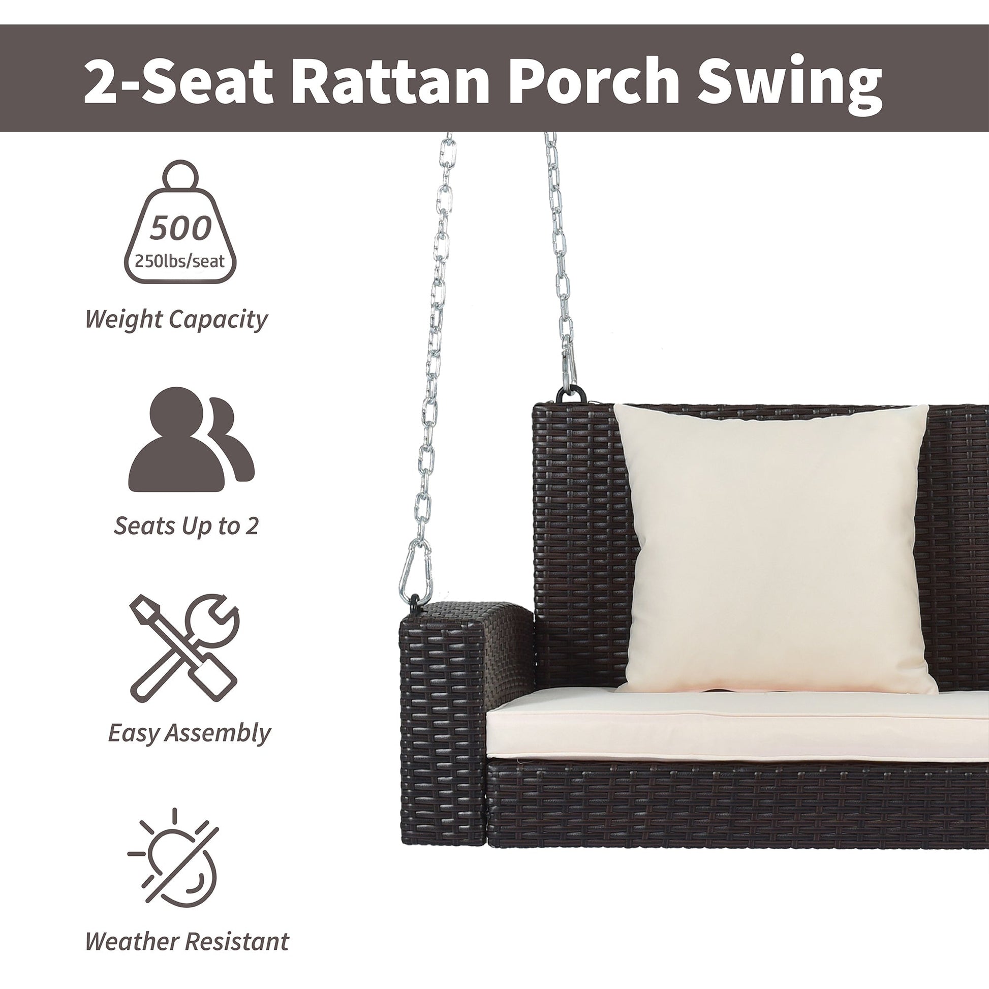 GO 2-Person Wicker Hanging Porch Swing with Chains, Cushion, Pillow, Rattan Swing Bench for Garden, Backyard, Pond. (Brown Wicker, Beige Cushion)-13