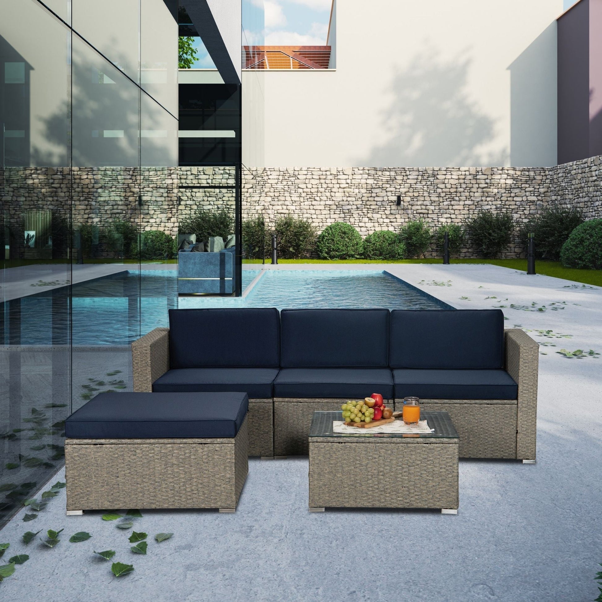 5-Piece Gray Mix Yellow Rattan Wicker Patio Sofa Set (Navy Cushions)-23