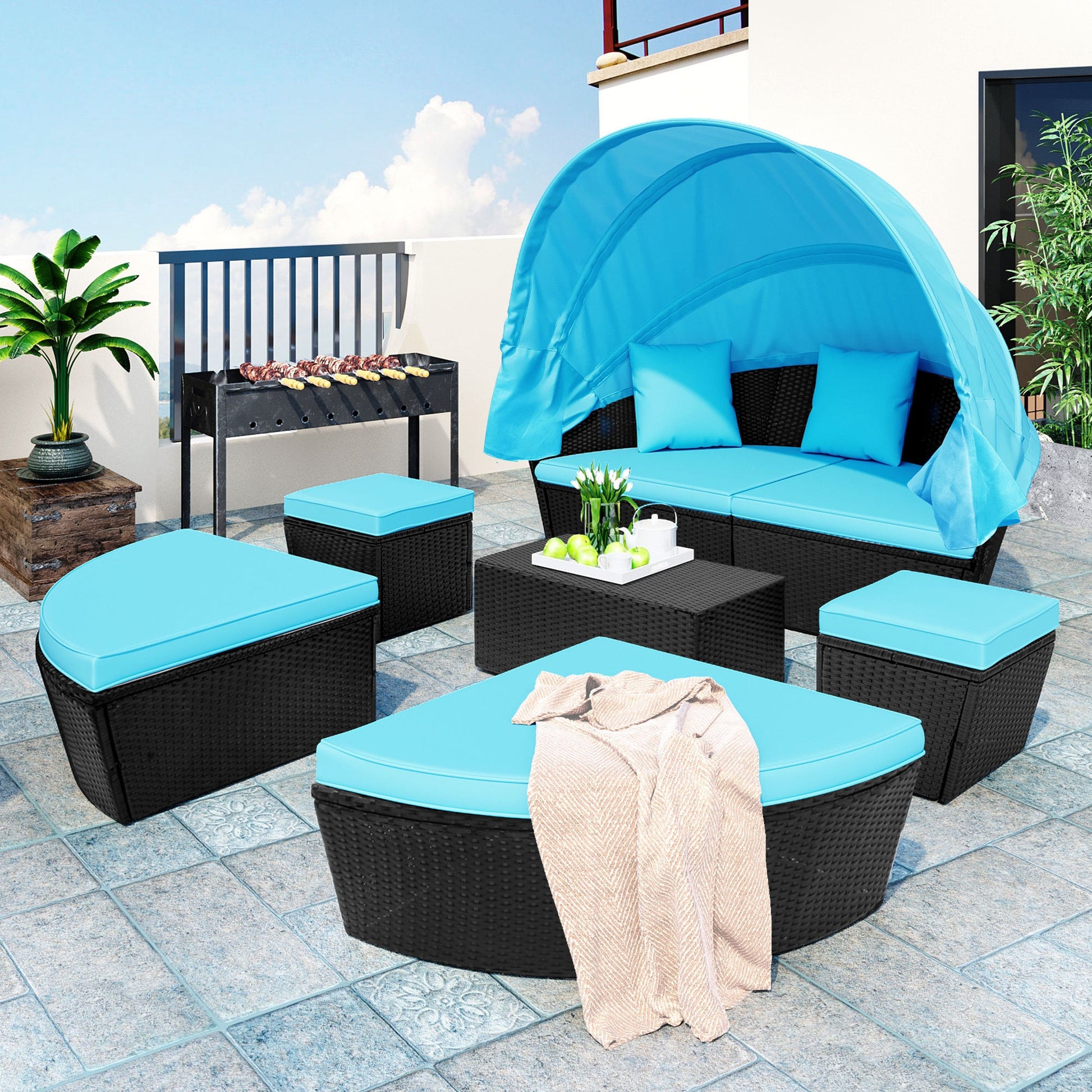 TOPMAX Outdoor Rattan Daybed Sunbed with Canopy, Round Sectional Sofa Set (Blue)-0