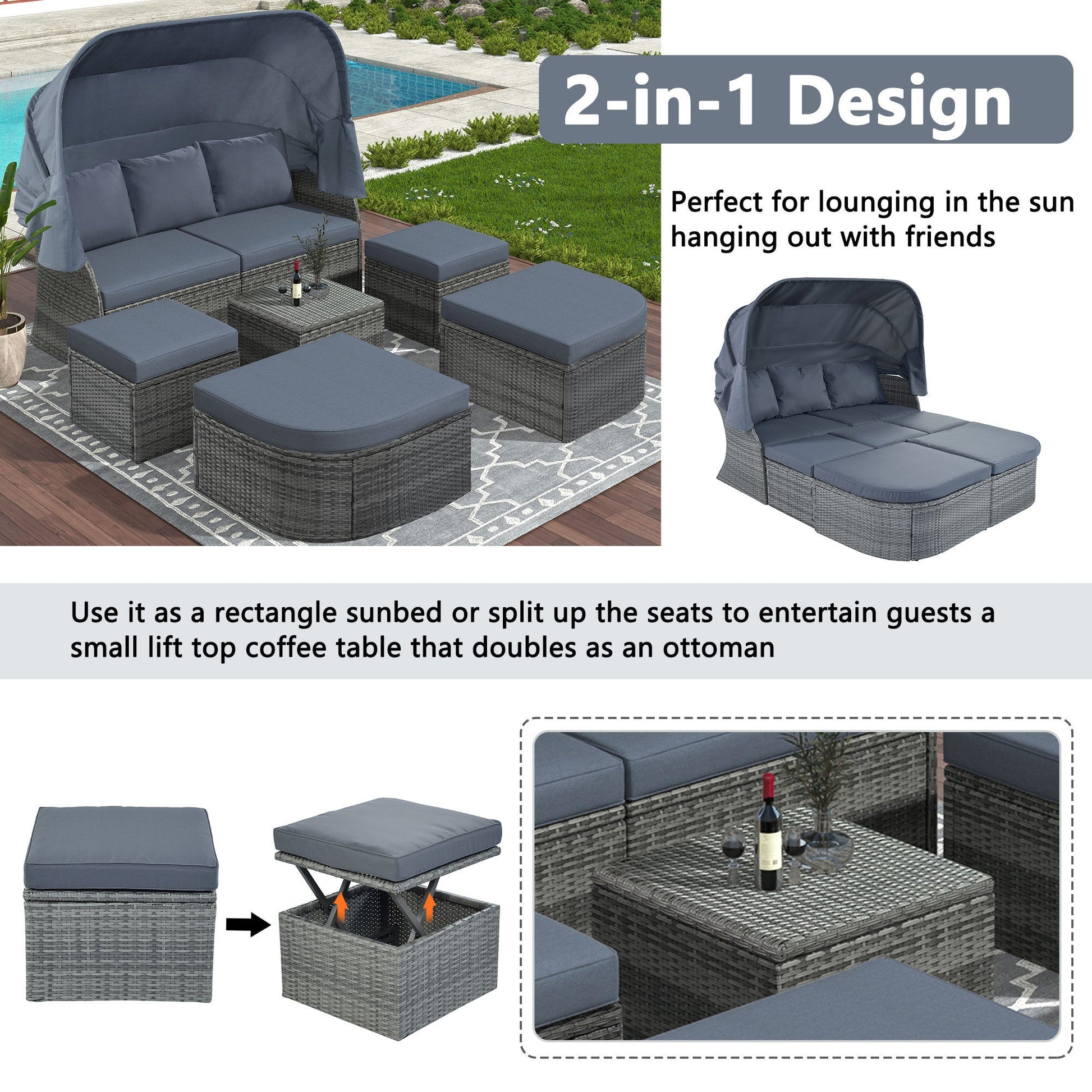 U_STYLE Outdoor Patio Furniture Set Daybed Sunbed with Retractable Canopy Conversation Set Wicker Furniture （As same as WY000281AAE）-16