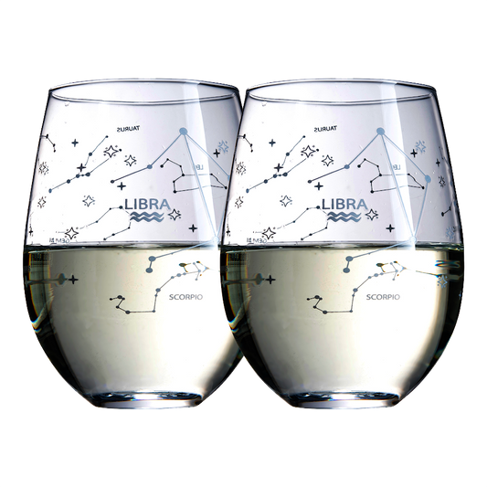 Set of 2 Zodiac Sign Wine Glasses with 2 Wooden Coasters by The Wine Savant - Astrology Drinking Glass Set with Etched Constellation Tumblers for Juice, Water Home Bar Horoscope Gifts 18oz (Libra)-0