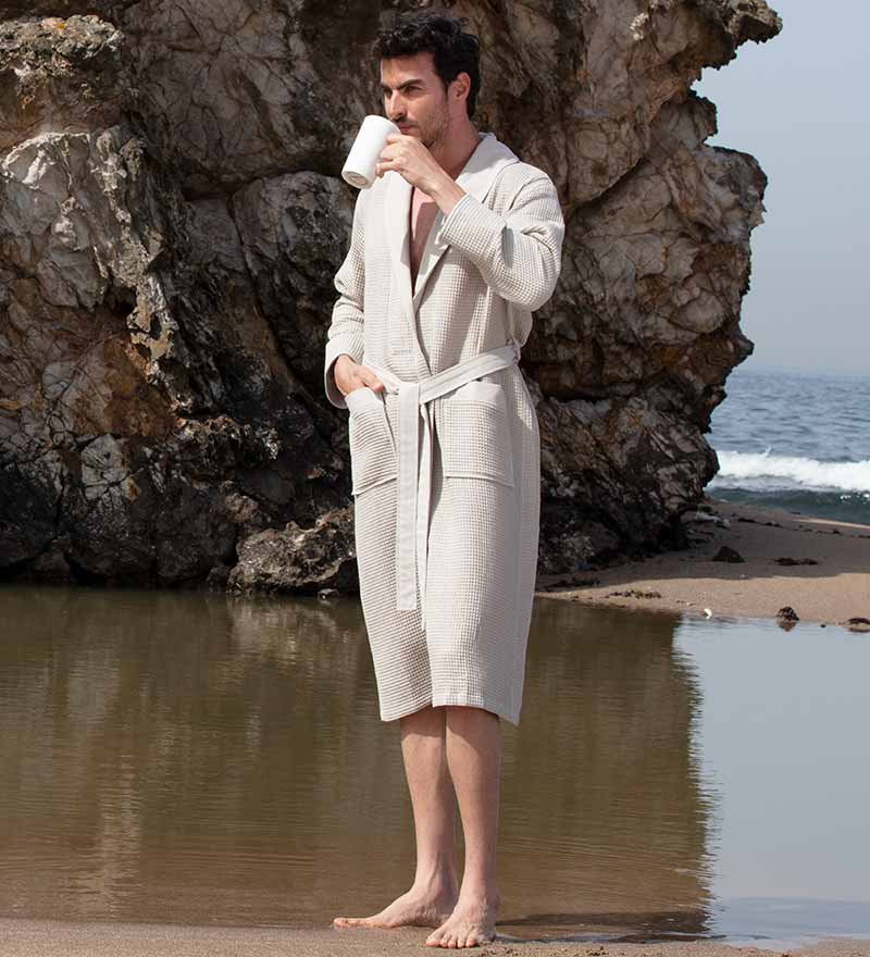 Men's Full Length Lightweight Waffle Spa Robe with Shawl Collar-12