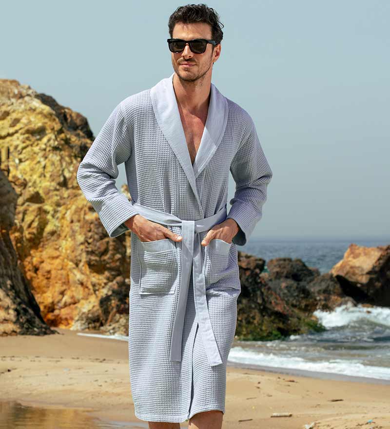 Men's Full Length Lightweight Waffle Spa Robe with Shawl Collar-24