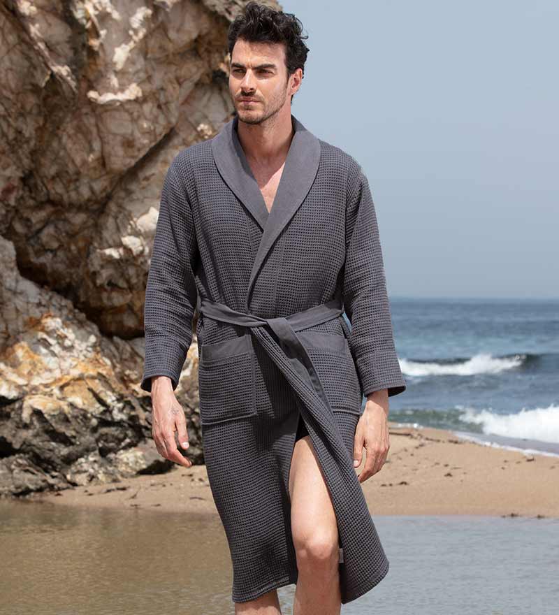 Men's Full Length Lightweight Waffle Spa Robe with Shawl Collar-16