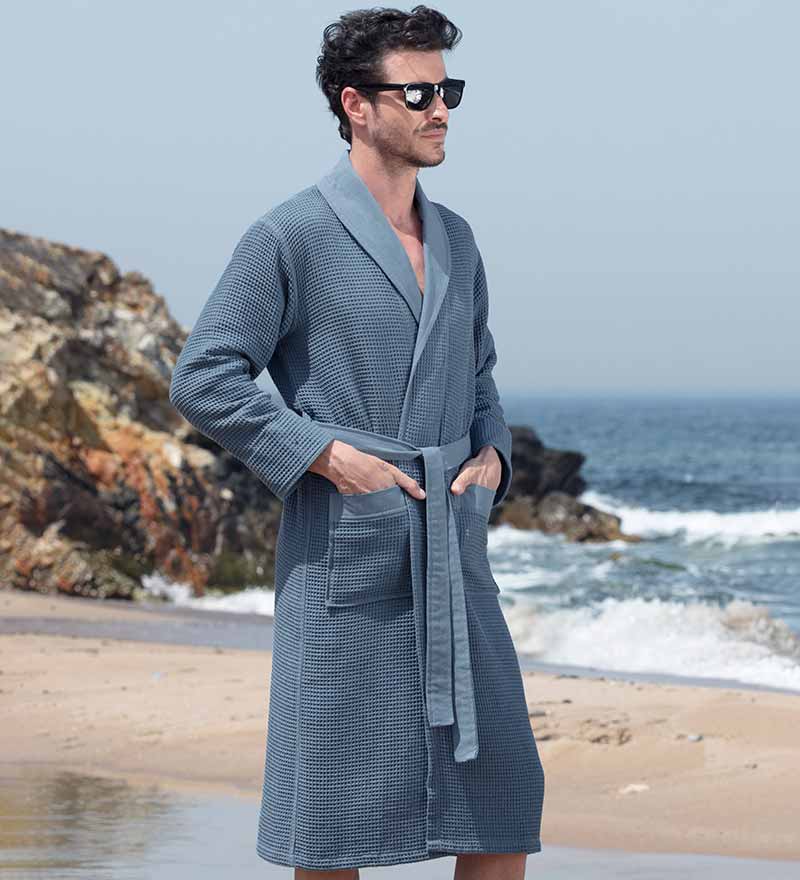 Men's Full Length Lightweight Waffle Spa Robe with Shawl Collar-4